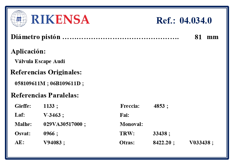 EQUIVALENCIAS ORIGINALES Y PARALELAS VALVULAS