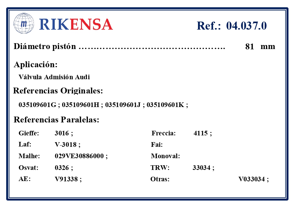 EQUIVALENCIAS ORIGINALES Y PARALELAS VALVULAS