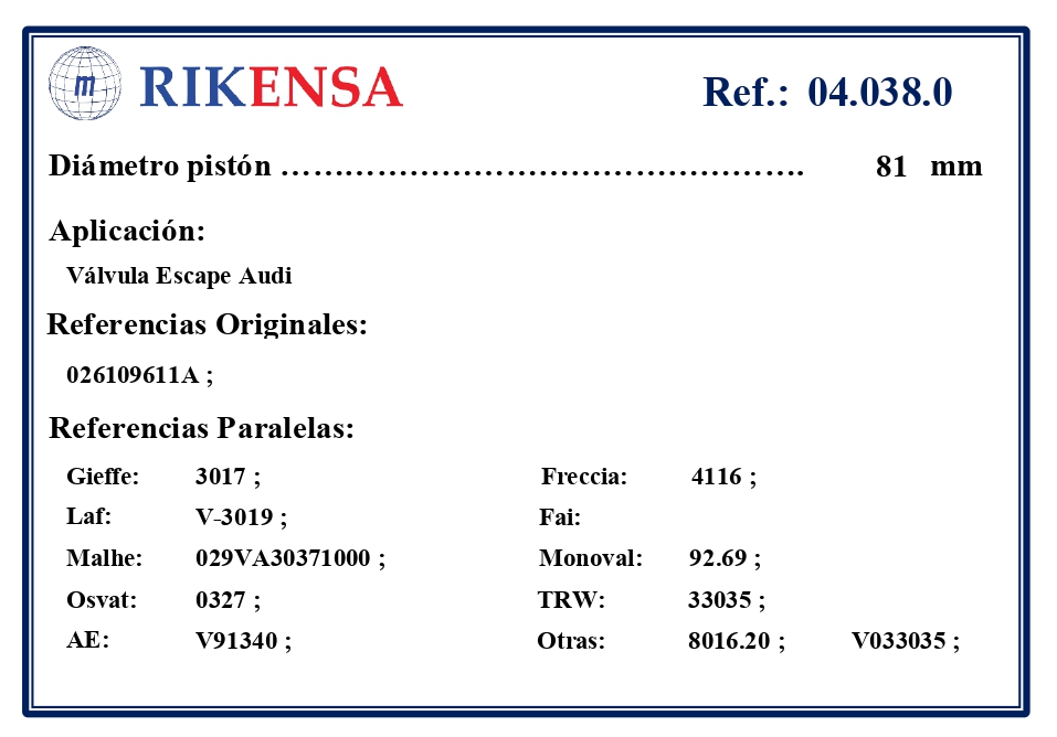 EQUIVALENCIAS ORIGINALES Y PARALELAS VALVULAS