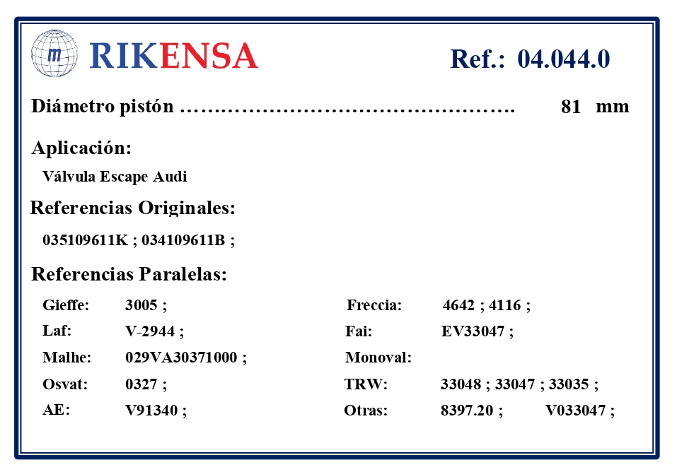 EQUIVALENCIAS ORIGINALES Y PARALELAS VALVULAS