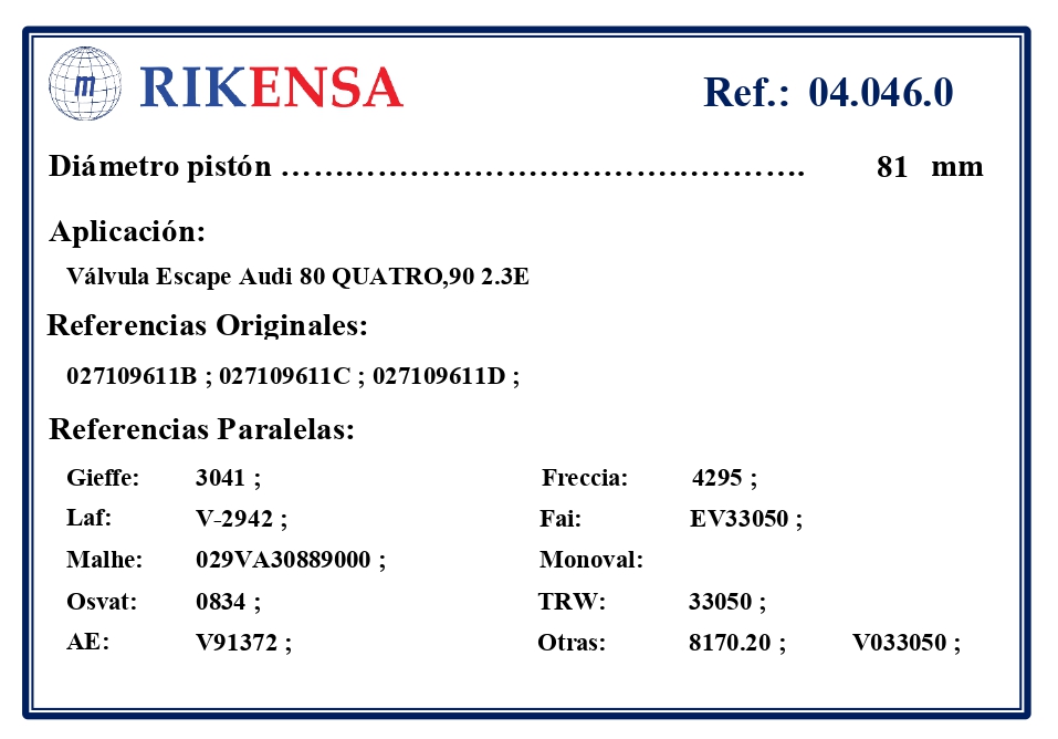 EQUIVALENCIAS ORIGINALES Y PARALELAS VALVULAS
