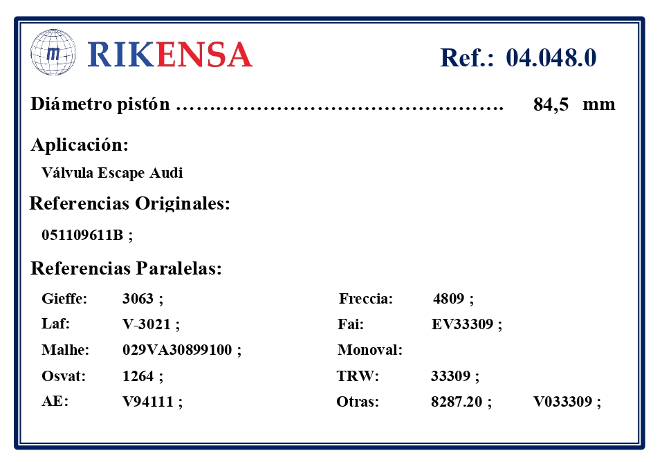 EQUIVALENCIAS ORIGINALES Y PARALELAS VALVULAS